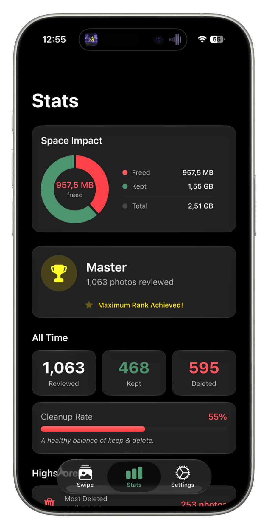 Keeply stats screen showing space freed